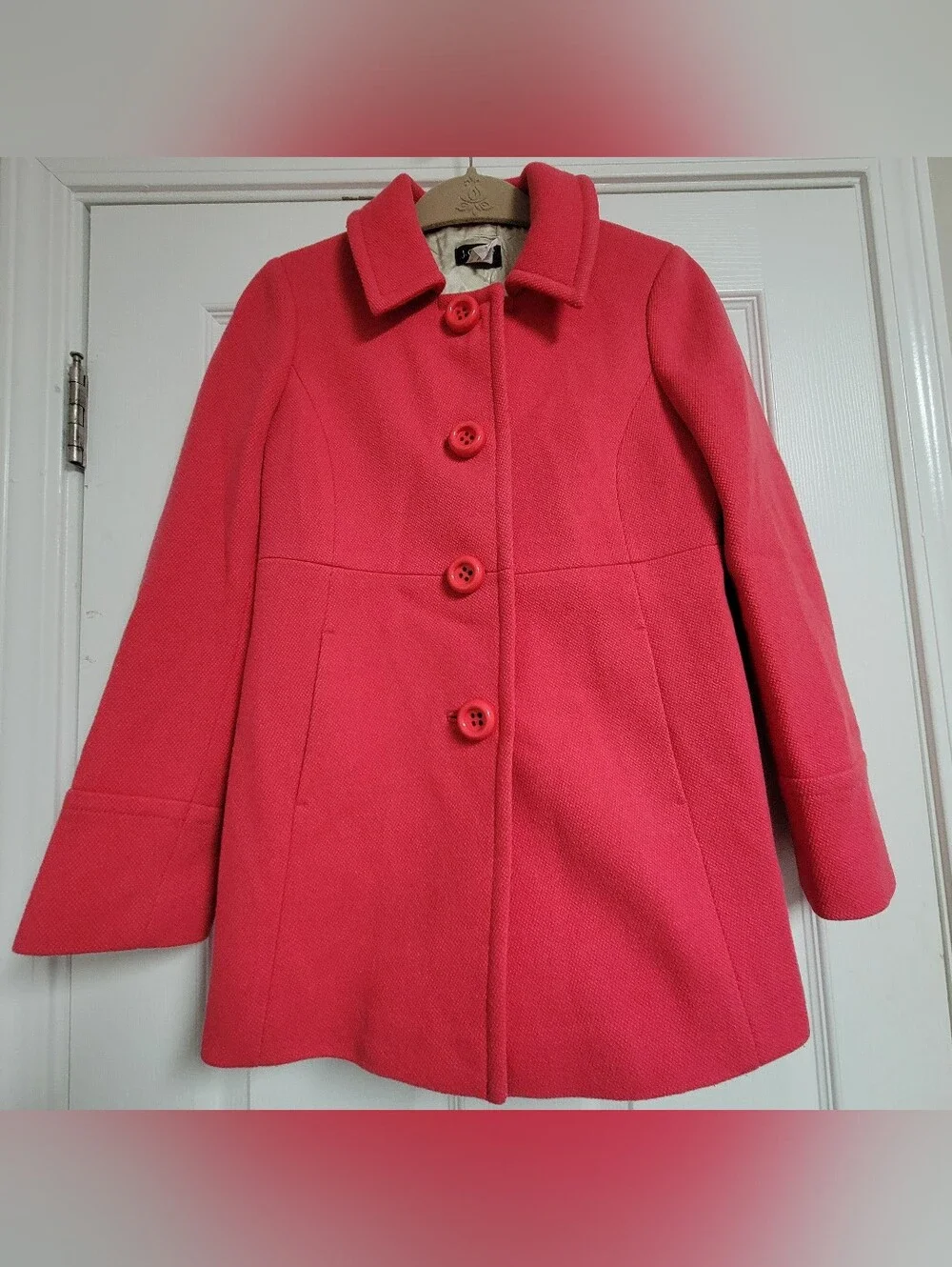 J.crew Women's Hot Pink Wool Coat With Large Buttons Pleated Back Size 4P. - Picture 3 of 8